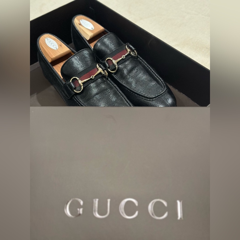 Vintage Gucci “Playboy” loafers in black watersnake exotic skin.